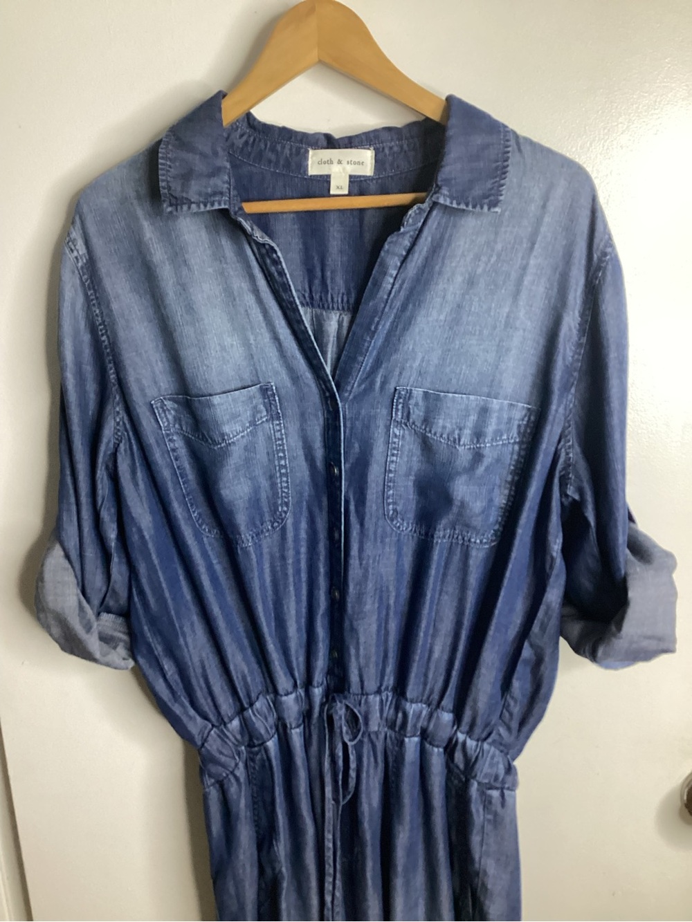 cloth & stone faded indigo blue denim-look Tencel Chambray Utility jumpsuit XL